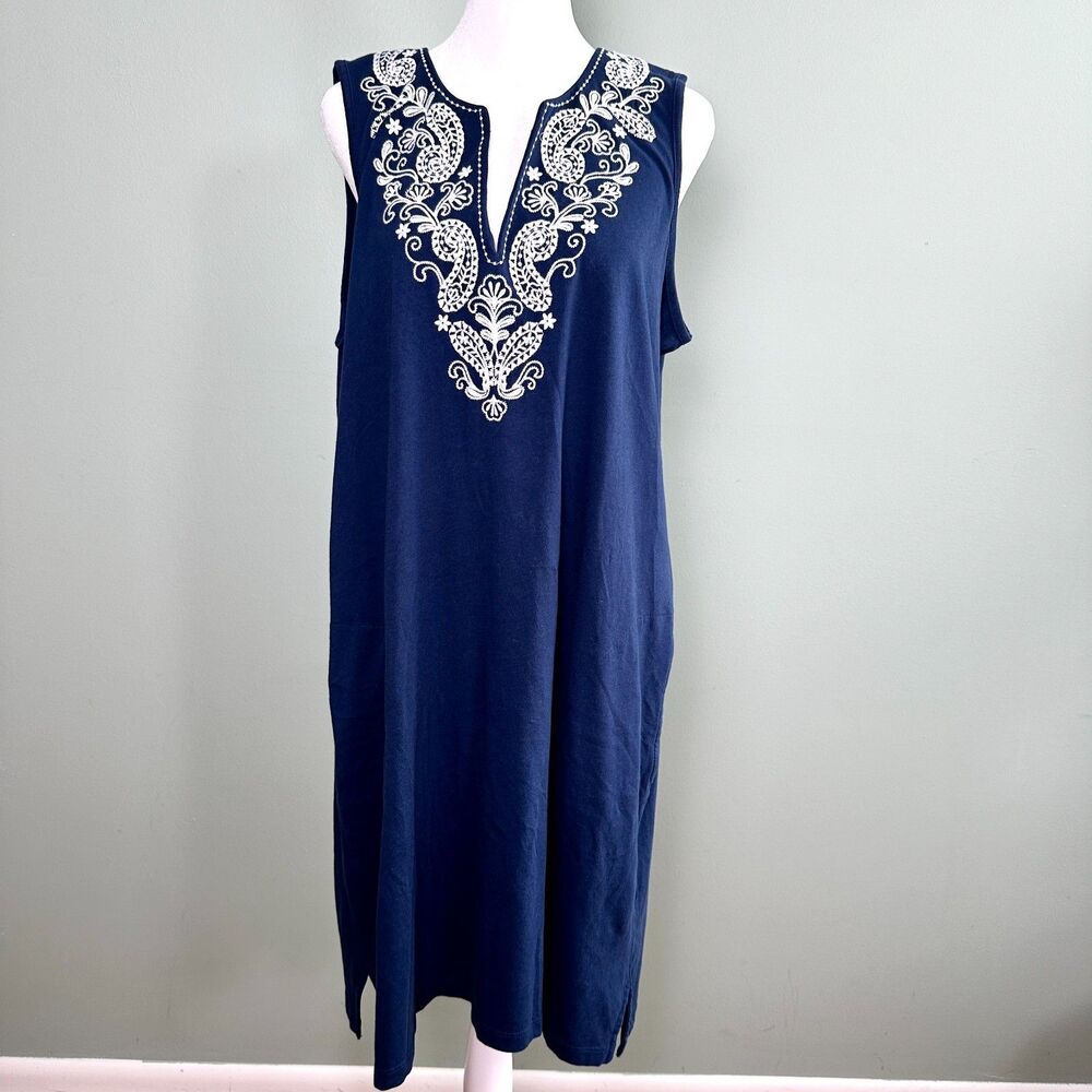 Lands End Dress Embroidered Shift Sleeveless Knee Length Womens Large Blue Boho